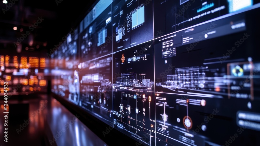 Poster futuristic control panel displaying complex data visualizations and system information, highlighting