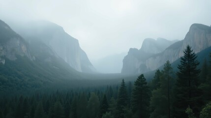 Fototapeta premium Misty Mountain Landscape with Pine Forest and Foggy Atmosphere