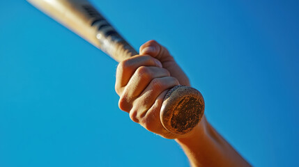 Close-Up of a Hand Gripping a Baseball Bat Under a Clear Blue Sky