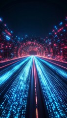 Fototapeta premium Futuristic Cityscape of Blue and Cyan Streaks of Speeding Light, Blur, Lights, Abstract Background