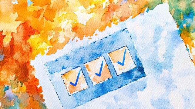 A colorful watercolor illustration depicting a checklist with three checked boxes against a vibrant, abstract background.