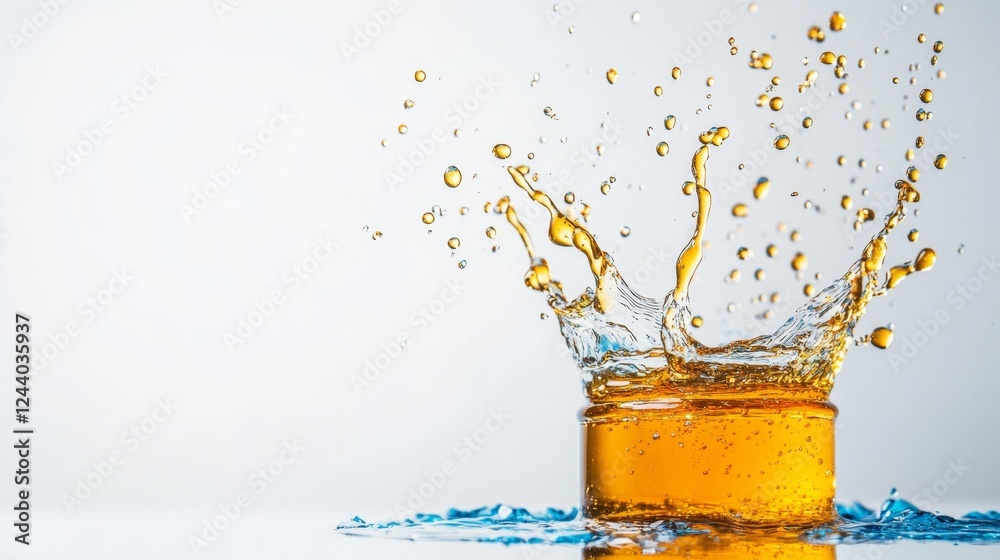 Poster a cluster of honey splashes breaks the surface tension of clear liquid, forming dynamic droplets. th