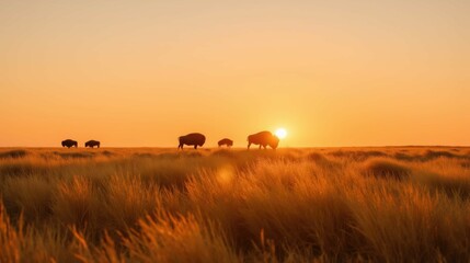 Obraz premium Silhouettes of Bison Grazing at Sunset in Golden Prairie Landscape