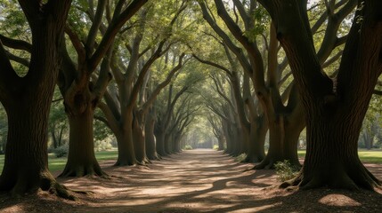 Majestic Tree-Lined Pathway Through Lush Green Forest Canopy