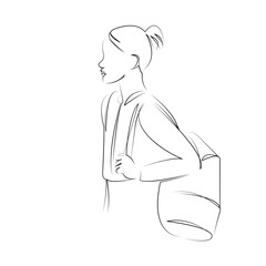 One continuous line art drawing flat illustration child, backpack, education, schoolgirl, student, person, childhood, girl. Isolated image hand draw outline on white background