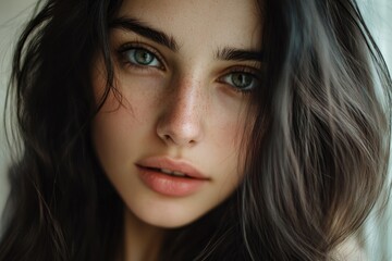 Close-up photo of a woman's face featuring distinctive freckles