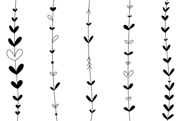 Vector vertical holiday garland for Valentine's Day. Different hearts holding on to a thread