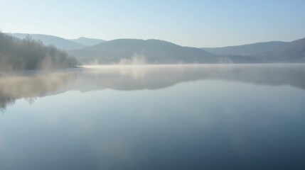 Fototapeta premium Serene Misty Lake Landscape in Early Morning Light