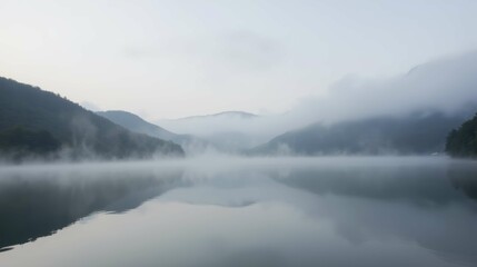 Obraz premium Serene Misty Lake at Dawn Surrounded by Mountains and Fog