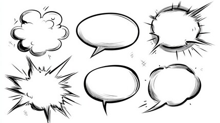 Collection of six hand drawn speech bubbles in various shapes and styles, with different textures and borders. Perfect for adding dialogue or thoughts to any design.