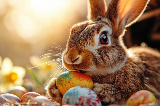 Easter Bunny with Colorful Eggs in Sunlight