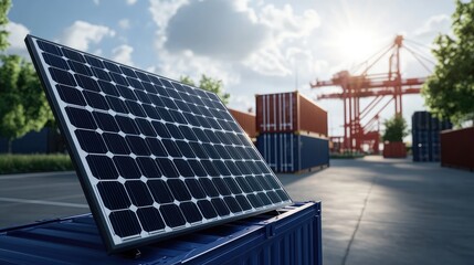 Close-up view of a solar panel on a blue recycling bin, surrounded by trees and shipping containers in a parking lot