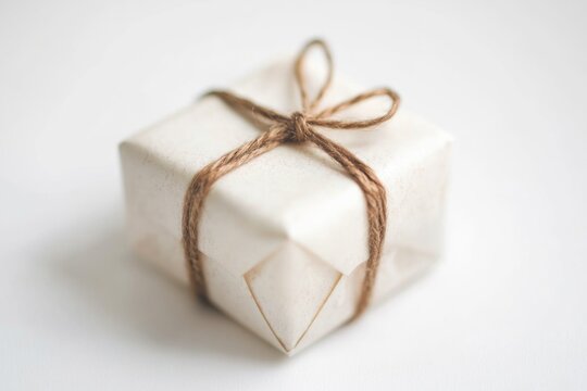 Small white box wrapped in brown string, ready to be given as a present