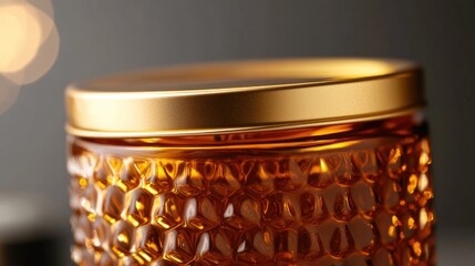A close-up view of a jar filled with golden honey, ideal for food or nature-based uses