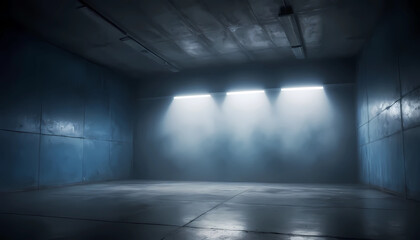Empty Industrial Space with Blue Lighting and Fog, Perfect for Photography and Productions, Modern Aesthetic.