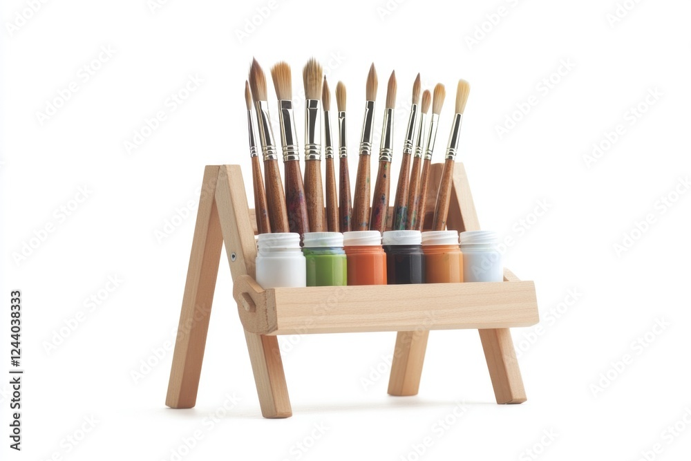 Poster a wooden easel set up with paint and various brushes, ready for artistic use