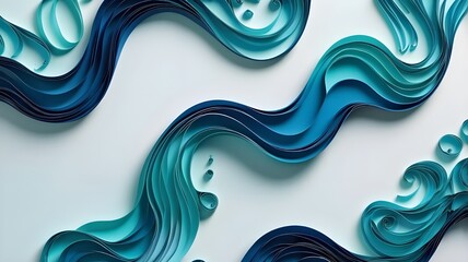Fototapeta premium Deep blue and teal quilled paper mimicking the movement of ocean waves, evoking a refreshing coastal vibe. With space for text. 