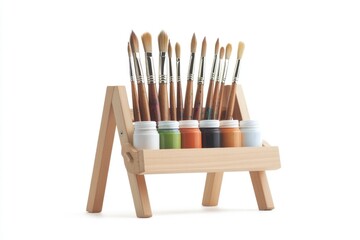 Obraz premium A wooden easel set up with paint and various brushes, ready for artistic use
