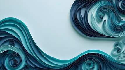 Deep blue and teal quilled paper mimicking the movement of ocean waves, evoking a refreshing coastal vibe. With space for text.
