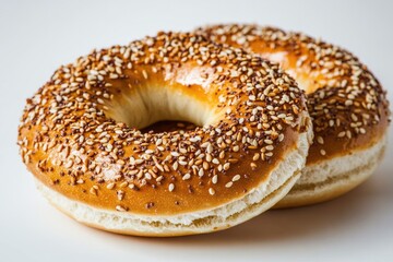 Two sesame bagels with sesame seeds on them