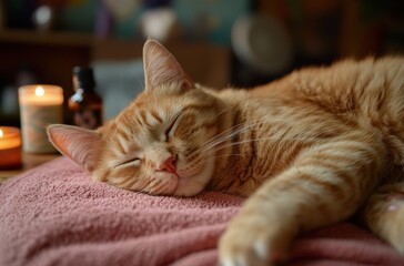 A Contented Ginger Cat Napping Peacefully on a Soft Blanket Surrounded by Candles and Relaxing Aromatherapy Oils in a Cozy Home Setting