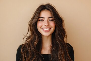 Obraz premium A person with long brown hair smiling directly at the camera