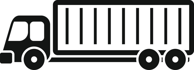 Simple black and white icon of a truck carrying a cargo container, representing shipping, freight, and logistics