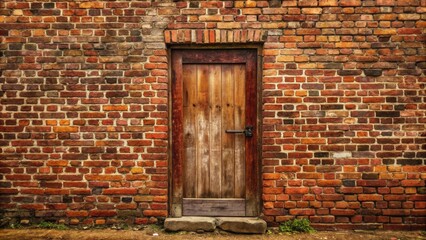 Rustic Wooden Door Set in Aged Brick Wall with Weathered Stone Threshold