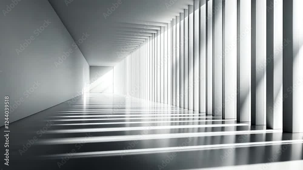 Poster Abstract Light Tunnel: A minimalist architectural rendering of a long, bright corridor with sleek, parallel walls and a perspective that creates a sense of depth and intriguing mystery.