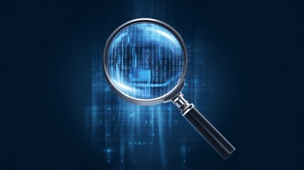 Magnifying glass is placed over a binary code, symbolizing the examination