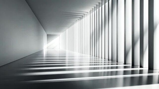 Abstract Light Tunnel: A minimalist architectural rendering of a long, bright corridor with sleek, parallel walls and a perspective that creates a sense of depth and intriguing mystery.