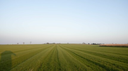 Obraz premium Vast Green Agricultural Field Under Clear Blue Sky at Dusk