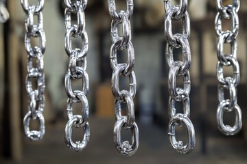 A collection of metal chains hangs from the ceiling, potentially holding machinery or heavy loads