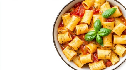 A bowl of paccheri with tomato basil sauce, hearty pasta dish, artistic pencil sketch, deep red and green hues, isolated on white background
