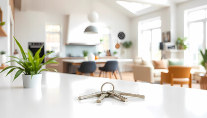 Set of keys resting on a smooth countertop in a bright, modern interior, symbolizing homeownership and a welcoming atmosphere.