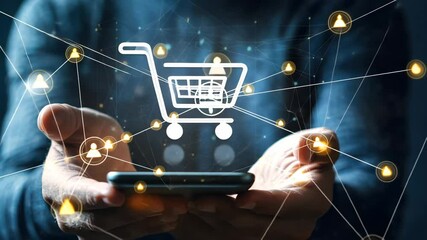 Digital shopping evolution: futuristic holographic cart technology in motion