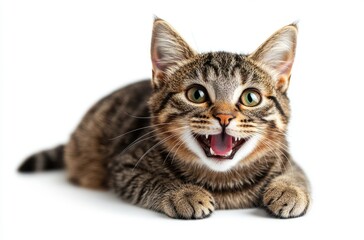 Obraz premium Adorable and Playful Tabby Kitten with Bright Green Eyes and Happy Expression on White Background