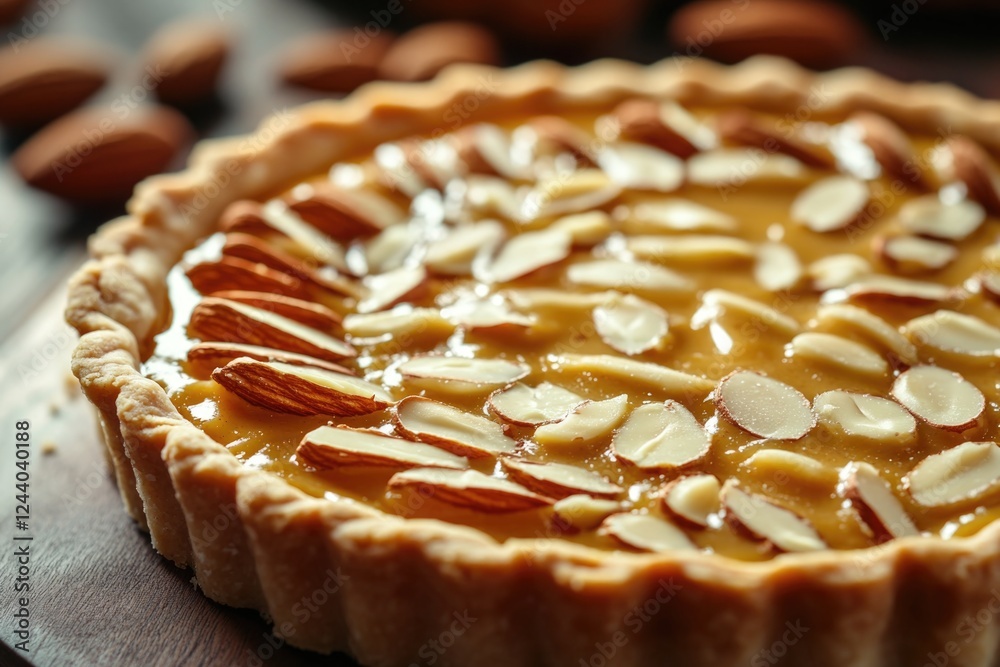 Poster a close-up shot of a delicious-looking pie with sliced almonds on top