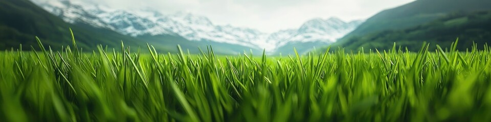 Obraz premium A serene scene featuring a lush green field with distant mountains in the background