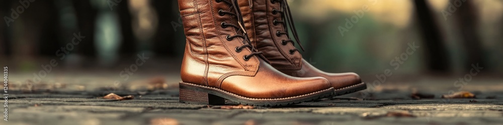Poster close-up shot of a pair of brown boots with intricate details and texture