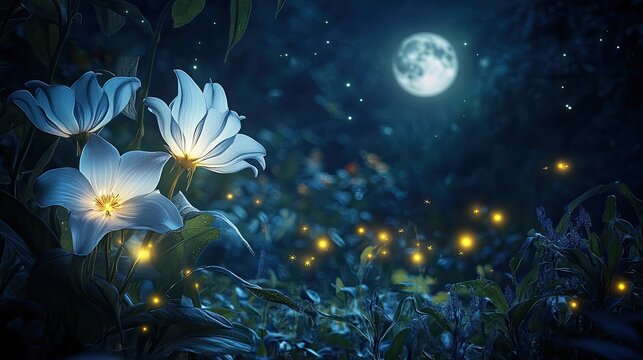 A mystical capture of moonflowers blooming under the soft glow of moonlight