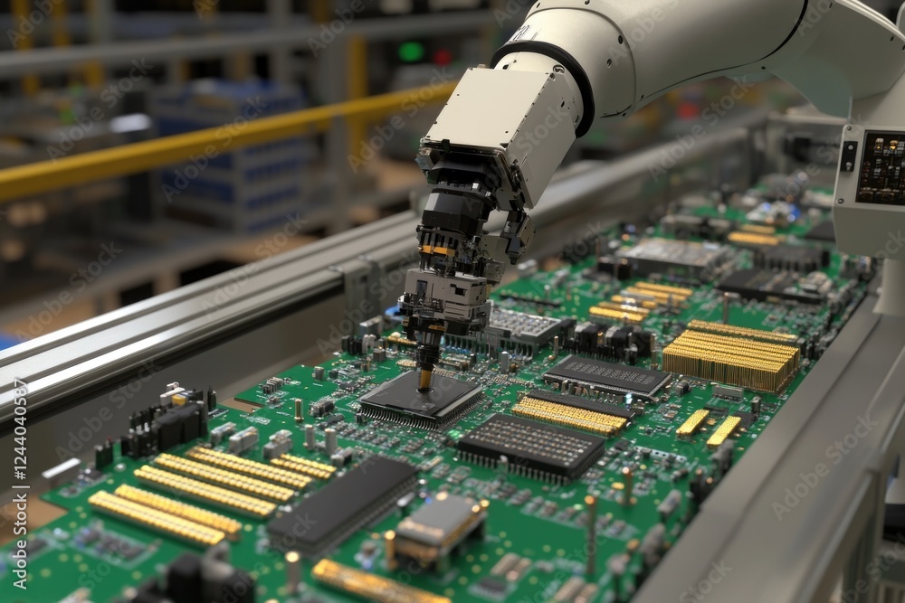 Fototapete A close-up view of a robotic arm assembled on a computer motherboard, ideal for use in tech-related projects or illustrations