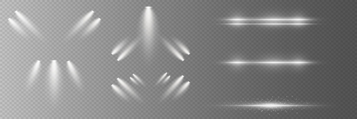 Set of light effects of glare and spotlights. Light neon light lines. On a transparent background.