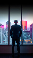 Fototapeta premium Successful businessman in suit standing in office looking through window at big city buildings, Colored gel lighting. with white shades