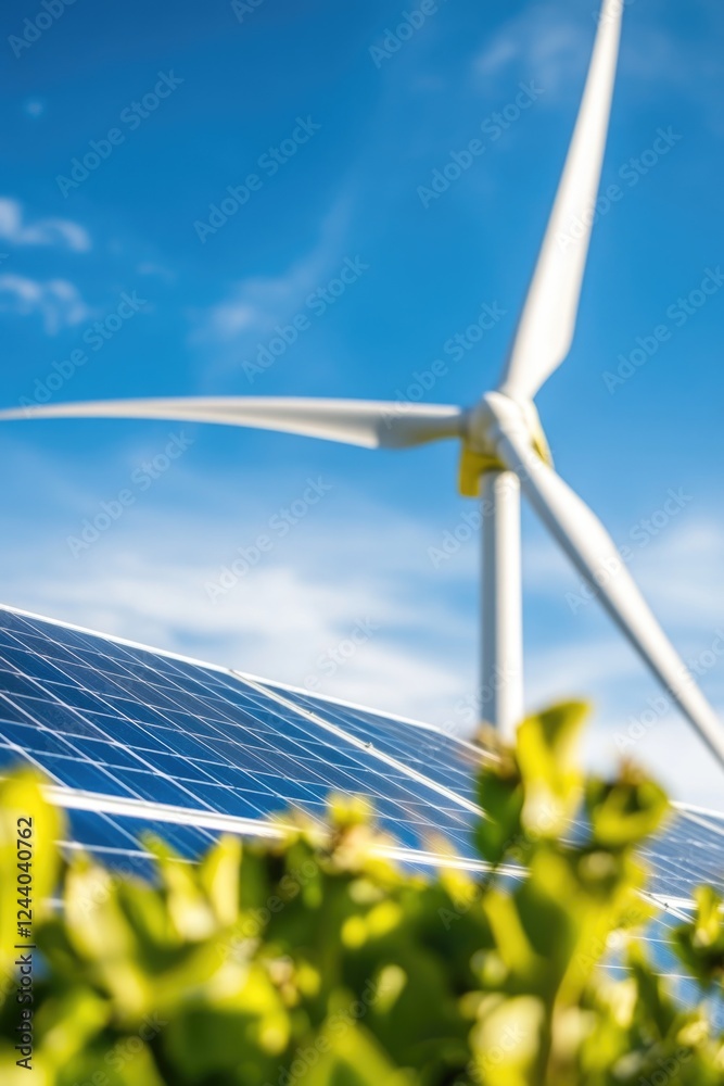 Poster a combination of renewable energy sources with a wind turbine standing next to a solar panel