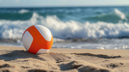Obraz premium Orange And White Beach Ball Resting On Sandy Shore With Gentle Waves In Background Under Clear Sky