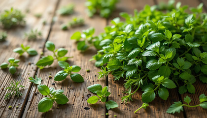 Obraz premium Fresh green leaves and herbs on a wooden table 