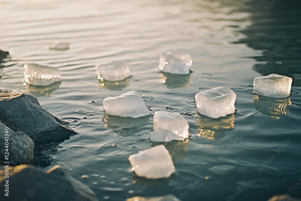Poster a group of ice cubes floating on the surface of a body of water, perhaps in a glass or a container