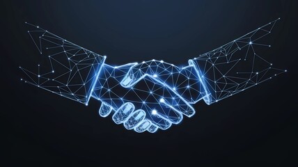 Obraz premium Digital handshake with glowing network connections representing partnership and collaboration in a tech-driven world. Blue lines on a dark background