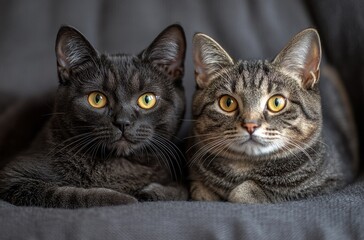 Fototapeta na wymiar Adorable black and tabby cats lounging together with striking yellow eyes, showcasing unique expressions and textures in cozy home environment